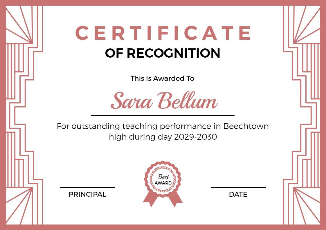 Art Deco Peach Recognition for Outstanding Teaching Certificate Template