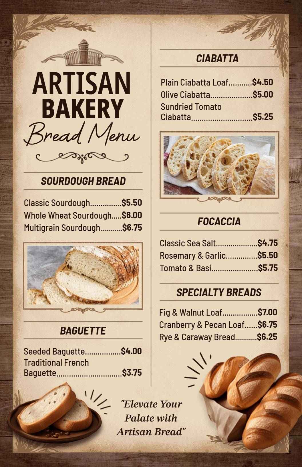 Artisan Breads and Gourmet Loaves Fresh from the Oven Bakery Menu Template