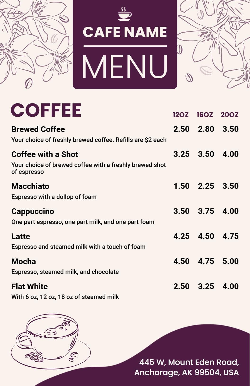 Artisan Coffee Selections Featuring Freshly Brewed Cafe Menu Template