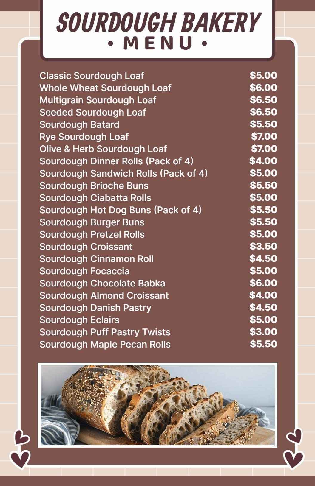 Artisan Sourdough Varieties Including Crunchy Rolls Bakery Menu Template