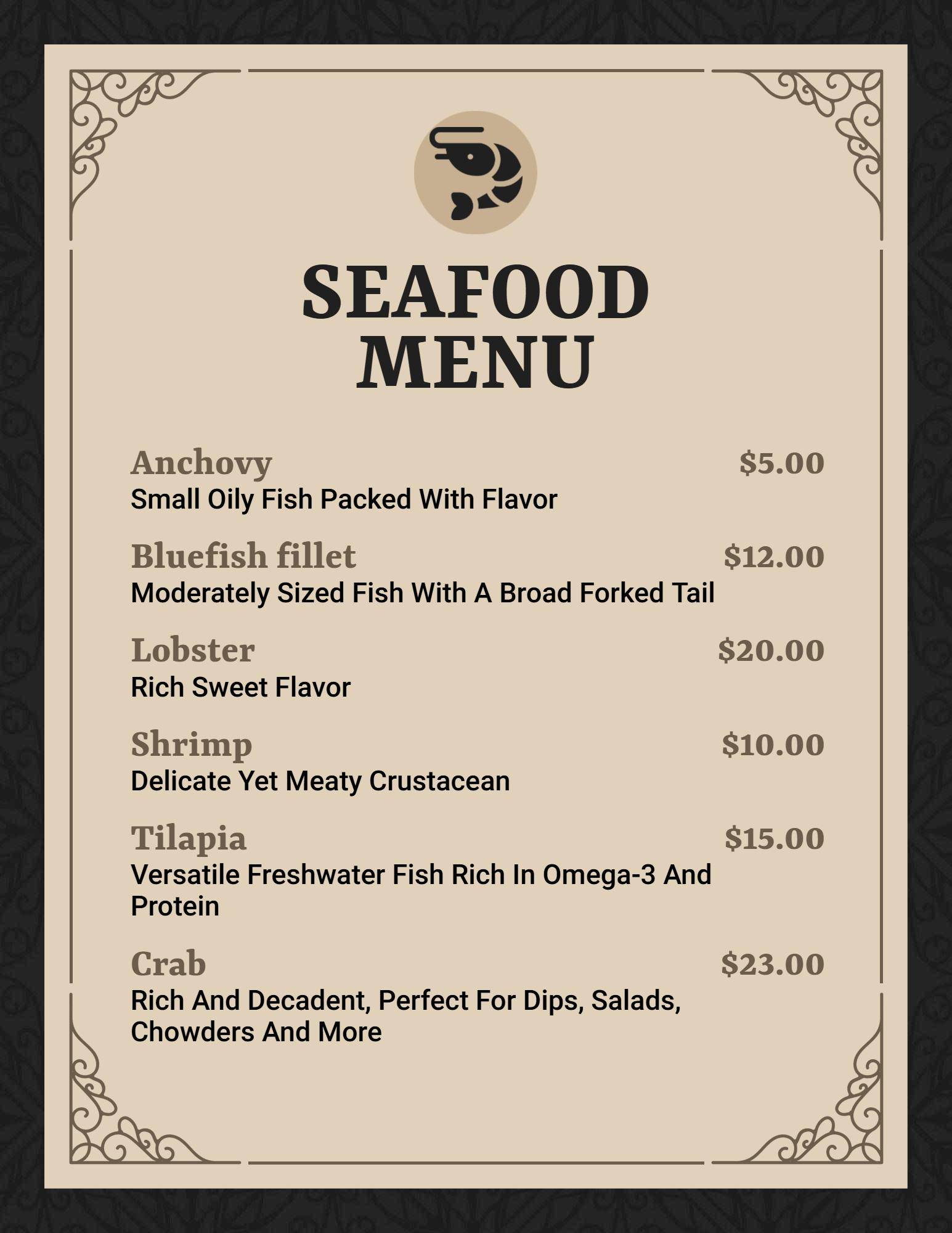 Artisanal Seafood Creations Featuring Shrimp Fancy Menu Template