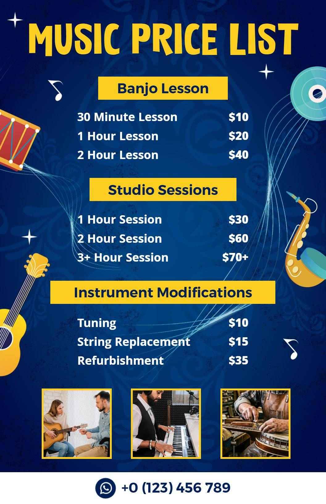 Artistic Blue Background Music Lessons Price List Template