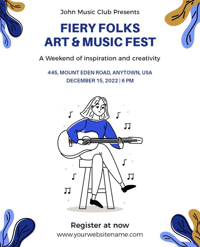 Artistic Blue-Themed Music Fest with Guitar Illustration Poster Template