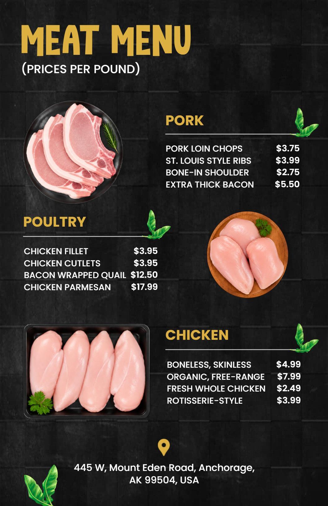 Artistic Chalkboard Styled Meat and Poultry Menu Template