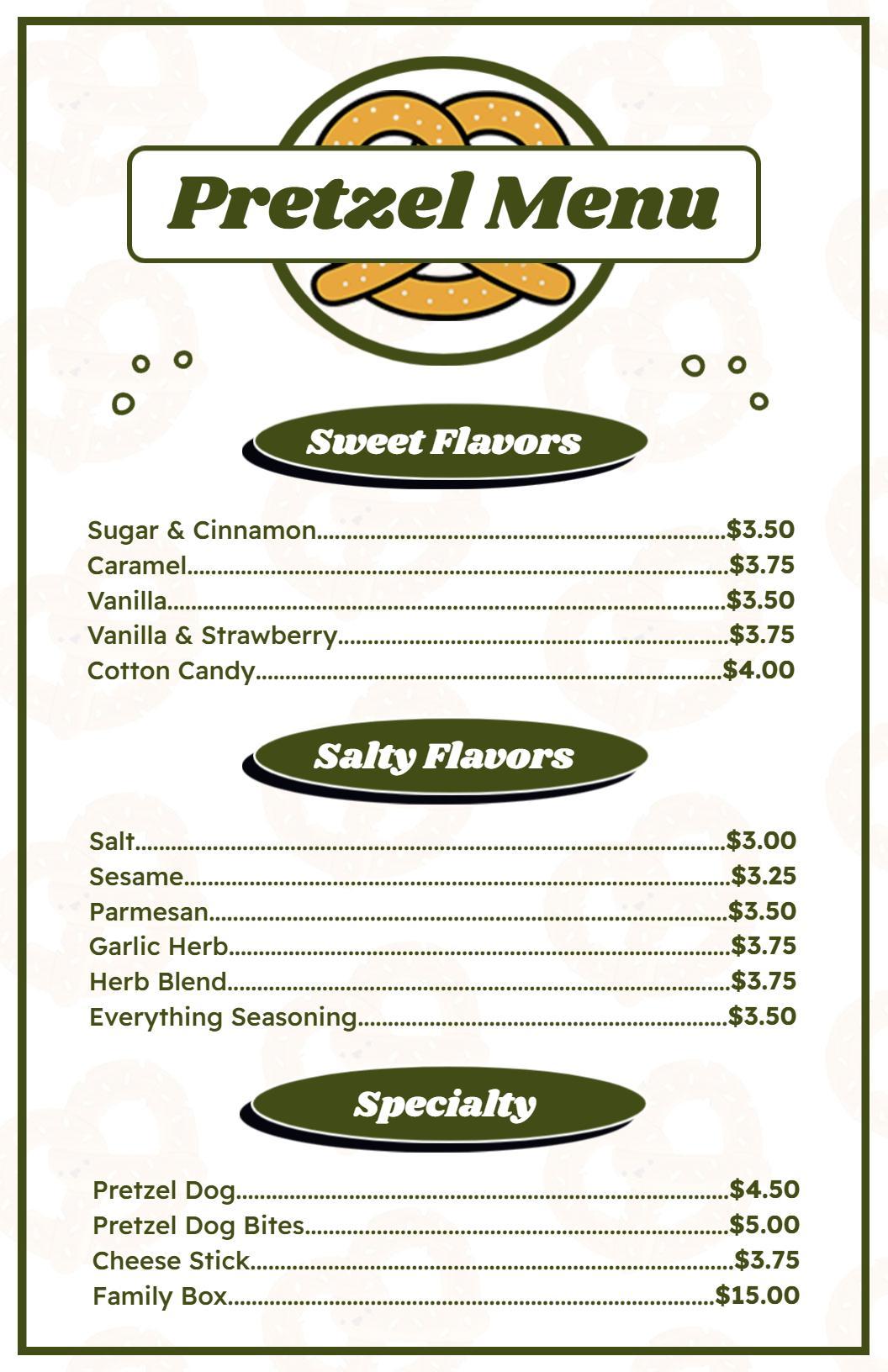 Artistic Green Border Pretzel Flavor Selection Menu Template