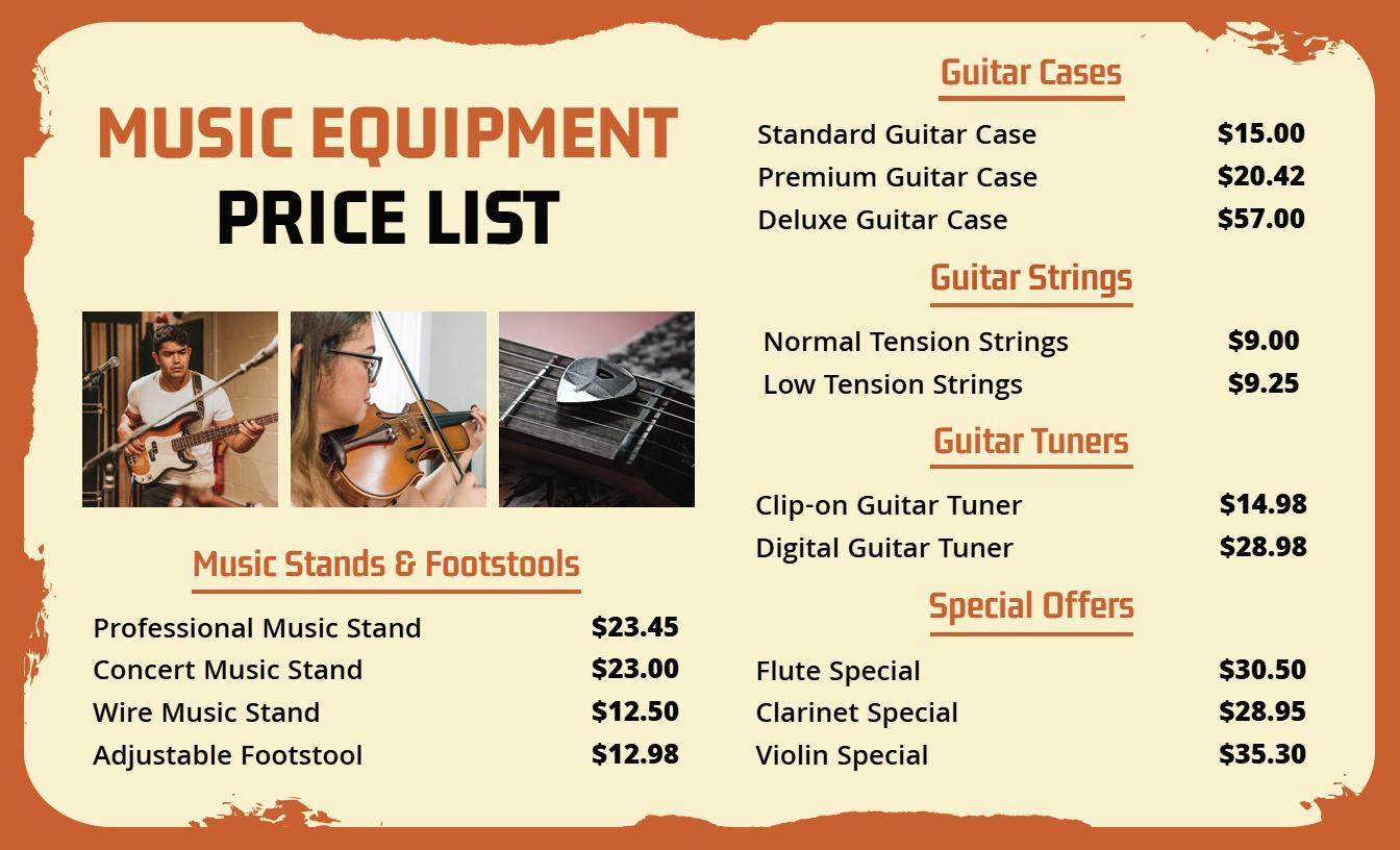 Artistic Photo Collage Music Equipment Price List Template