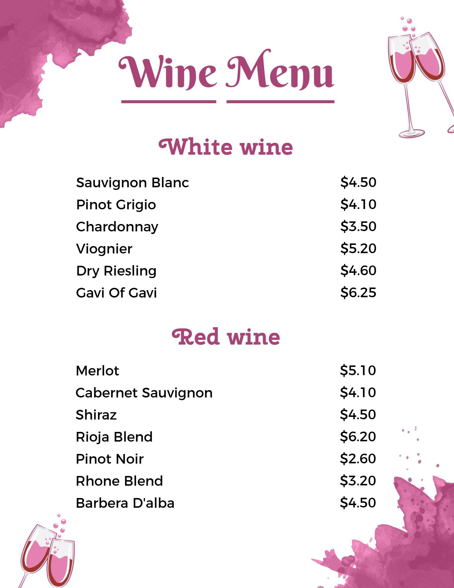 Artistic Pink Wine Glass Themed Beverage Menu Template