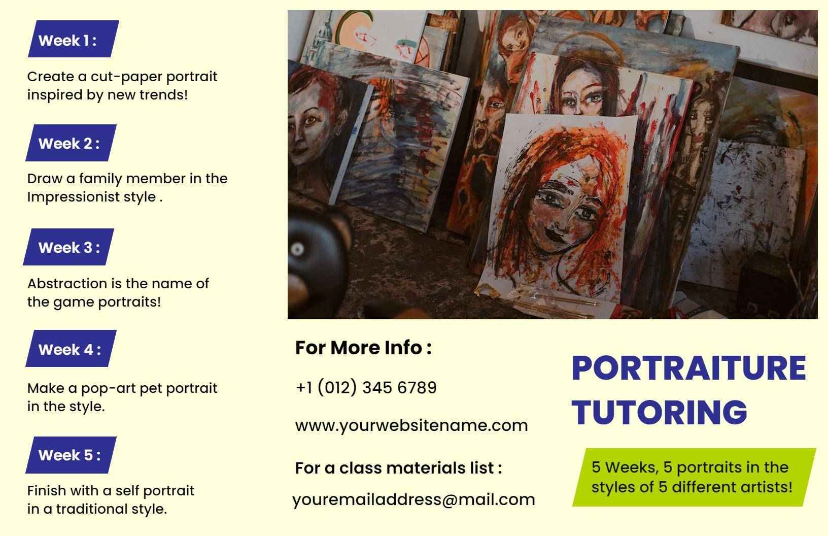 Artistic Portraiture Tutoring Program for Five Weeks Brochure Template