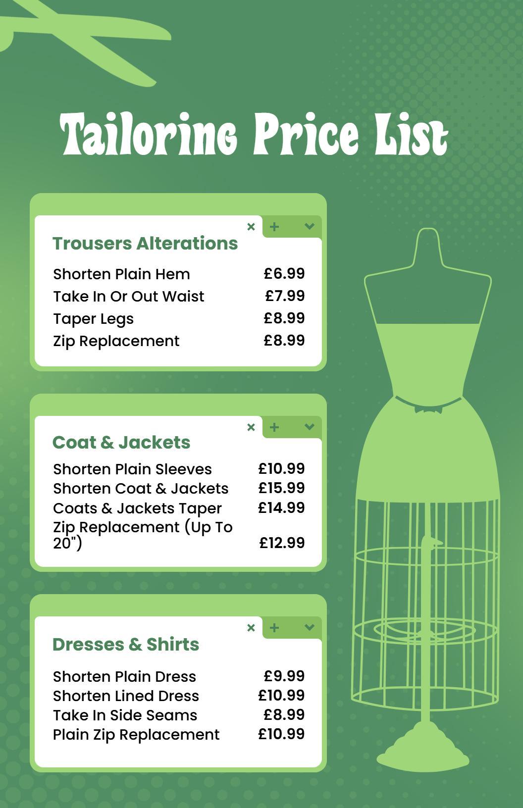 Artistic Tailoring Services Price List Template