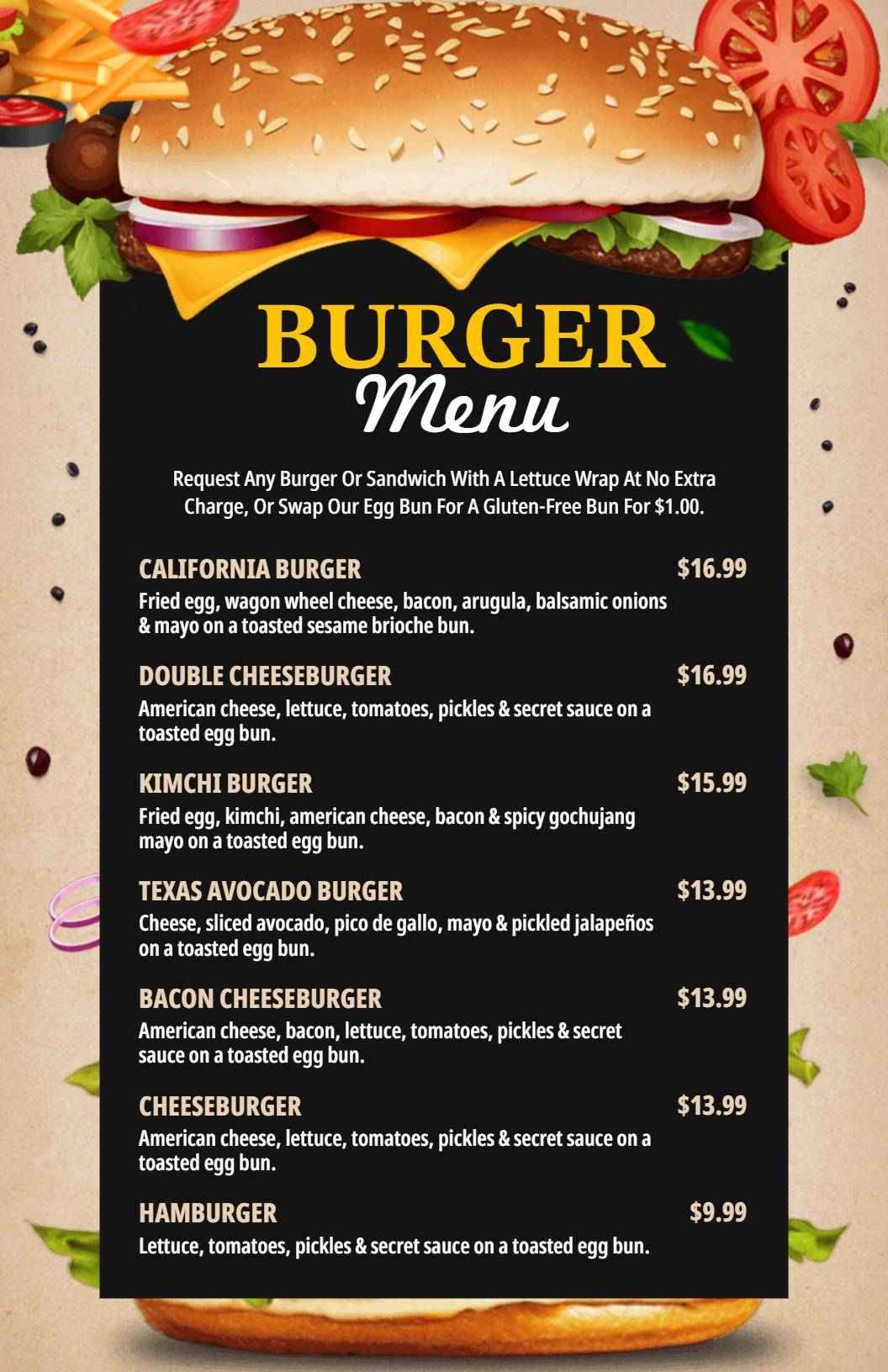 Artistic Toppings Splash Burger Restaurant Menu Template