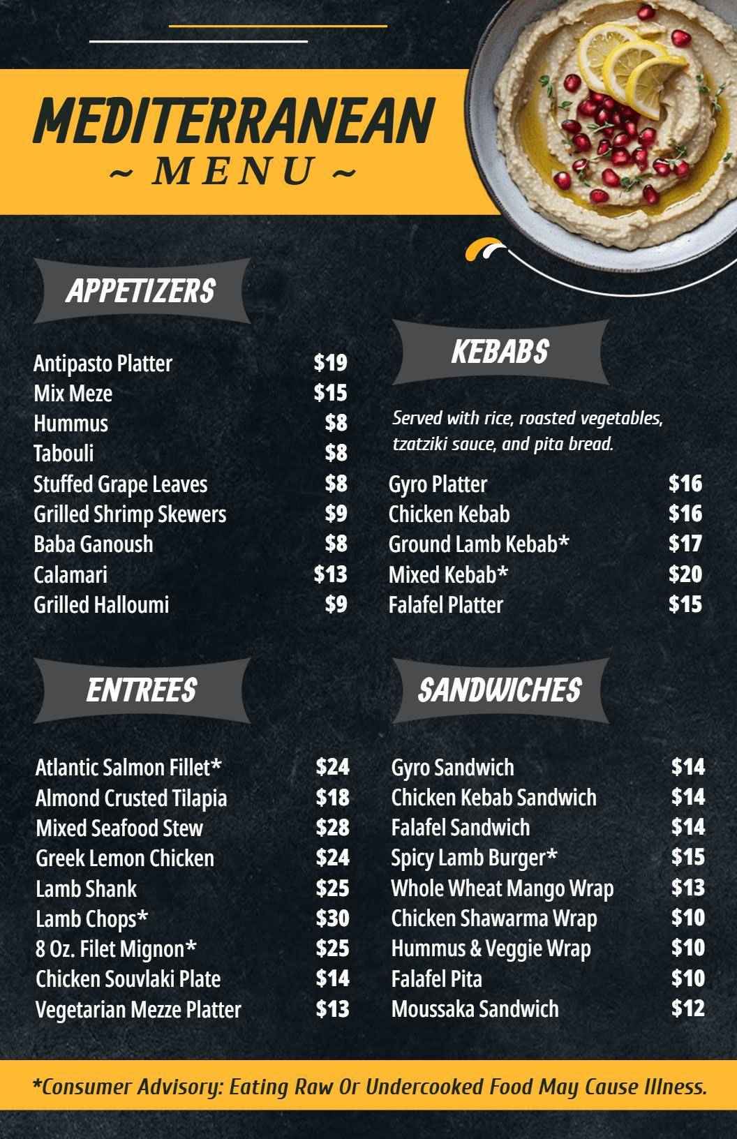Artistic Yellow and Black Mediterranean Dining Menu Template