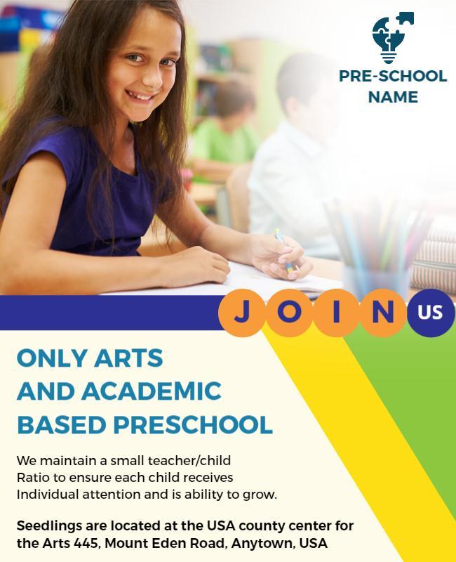 Arts and Academic Preschool Enrollment Flyer Template