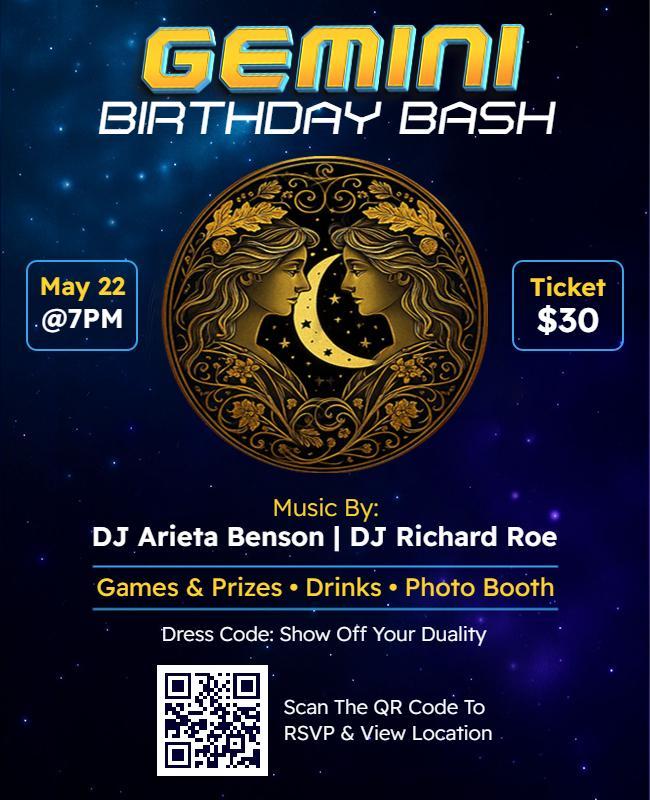 Astrological Night Sky Gemini Birthday Bash Flyer Template