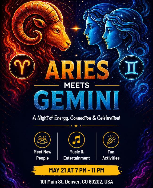 Astrology Zodiac Aries Meets Gemini Event Flyer Template