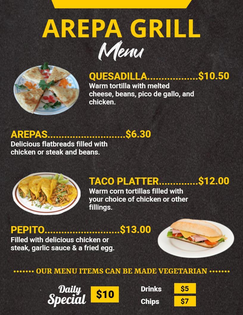Authentic Arepa Grill Featuring Quesadillas and Tacos Food Menu Template