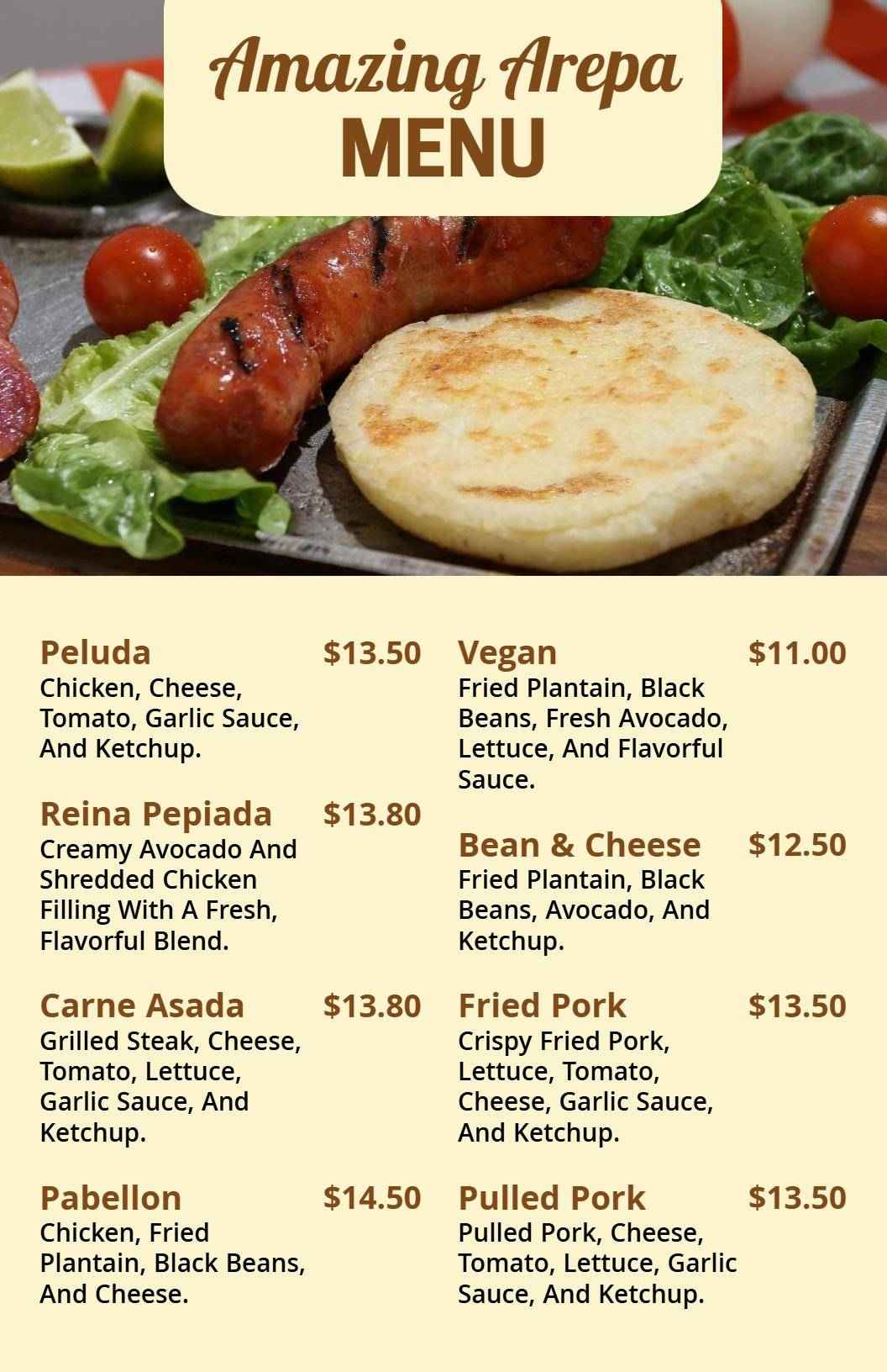 Authentic Arepas and Plantain Specialties Menu Template