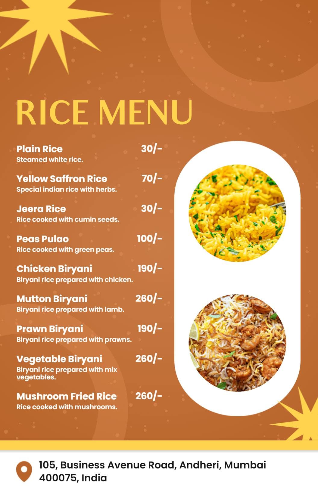 Authentic Biryani and Flavorful Rice Dishes Rice Menu Template