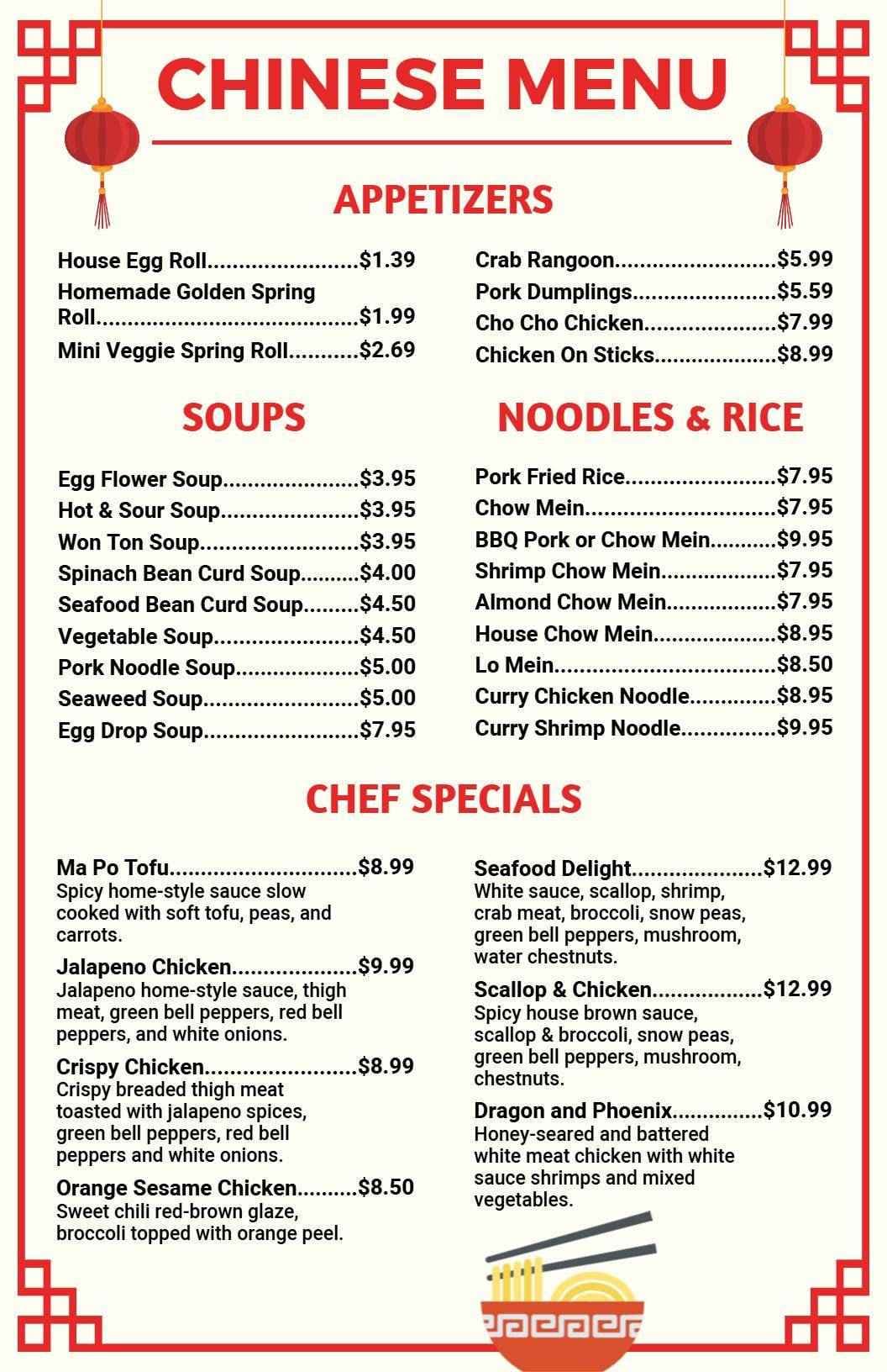 Authentic Chinese Appetizers and Noodle Dishes Featuring Variety Chinese Menu Template