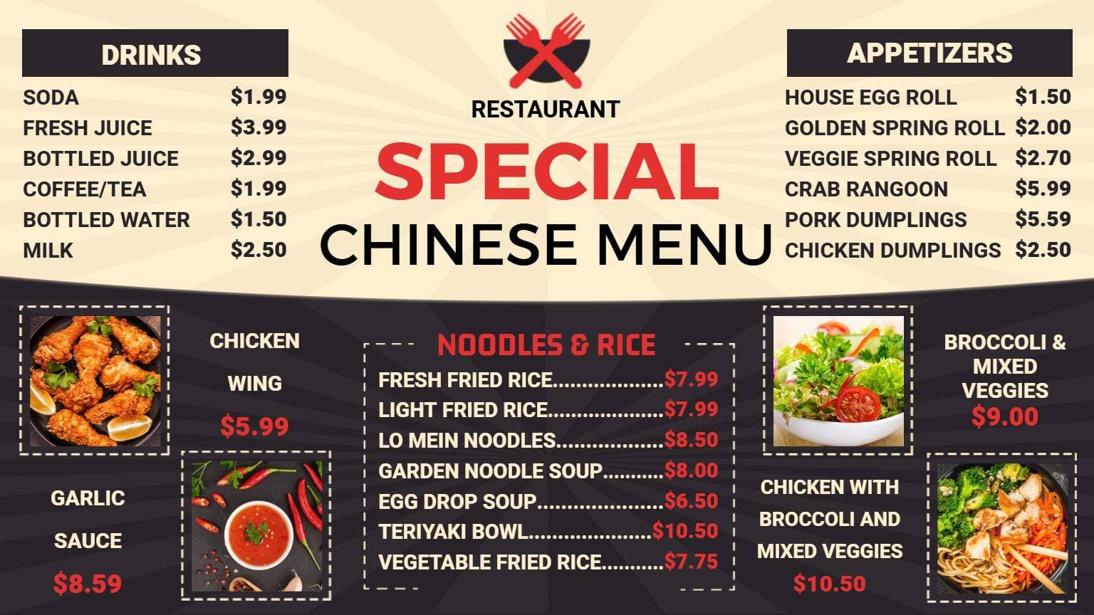Authentic Chinese Dishes Including Noodles and Appetizers Chinese Menu Template