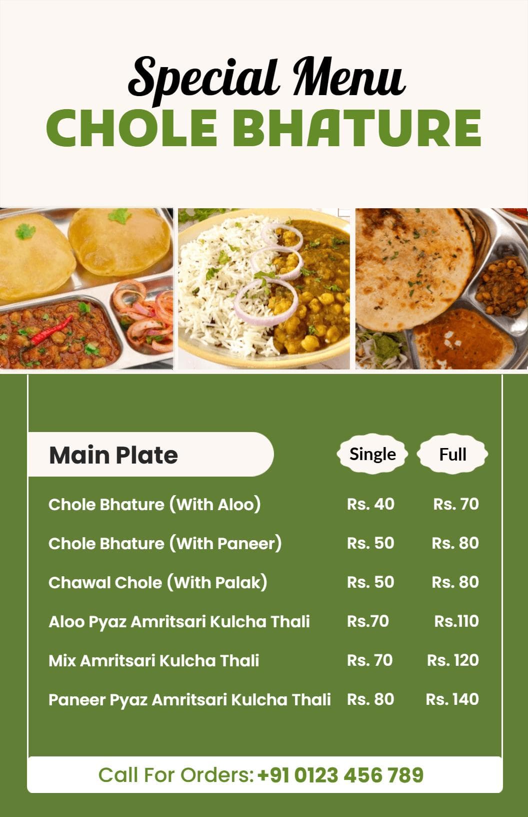 Authentic Chole Bhature and Amritsari Kulcha Offerings Indian Cuisine Menu Template