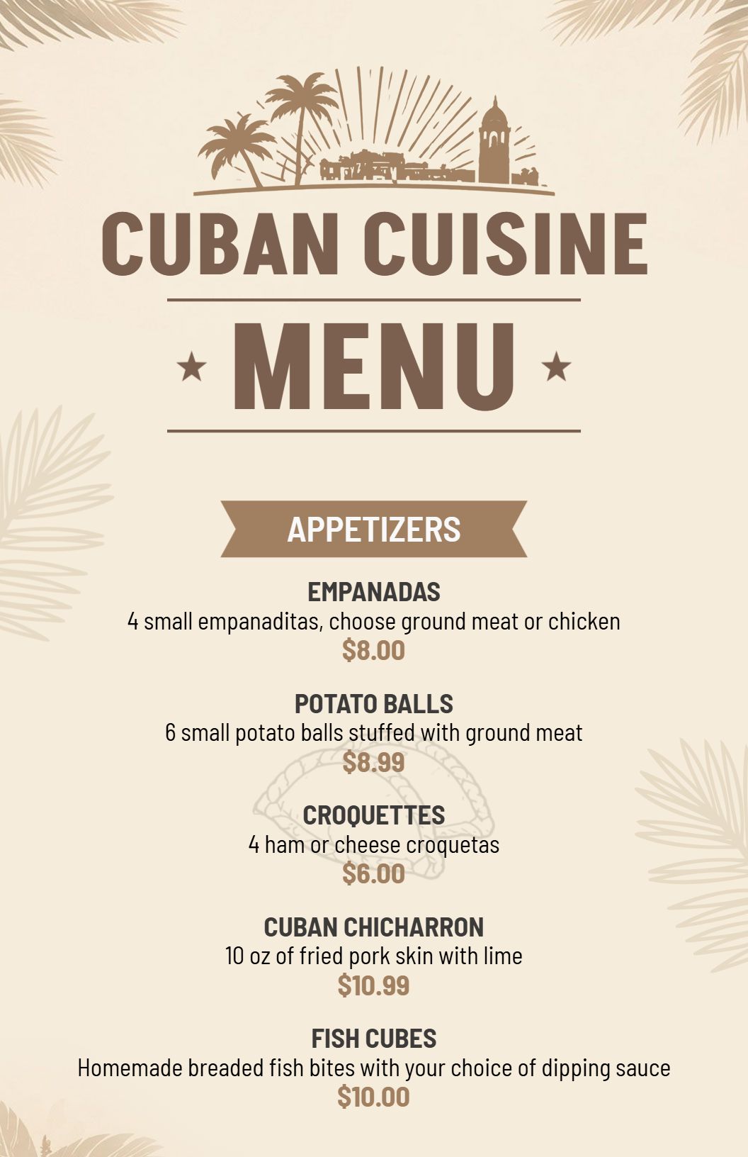 Authentic Cuban Dishes Featuring Empanadas and Pork Menu Template