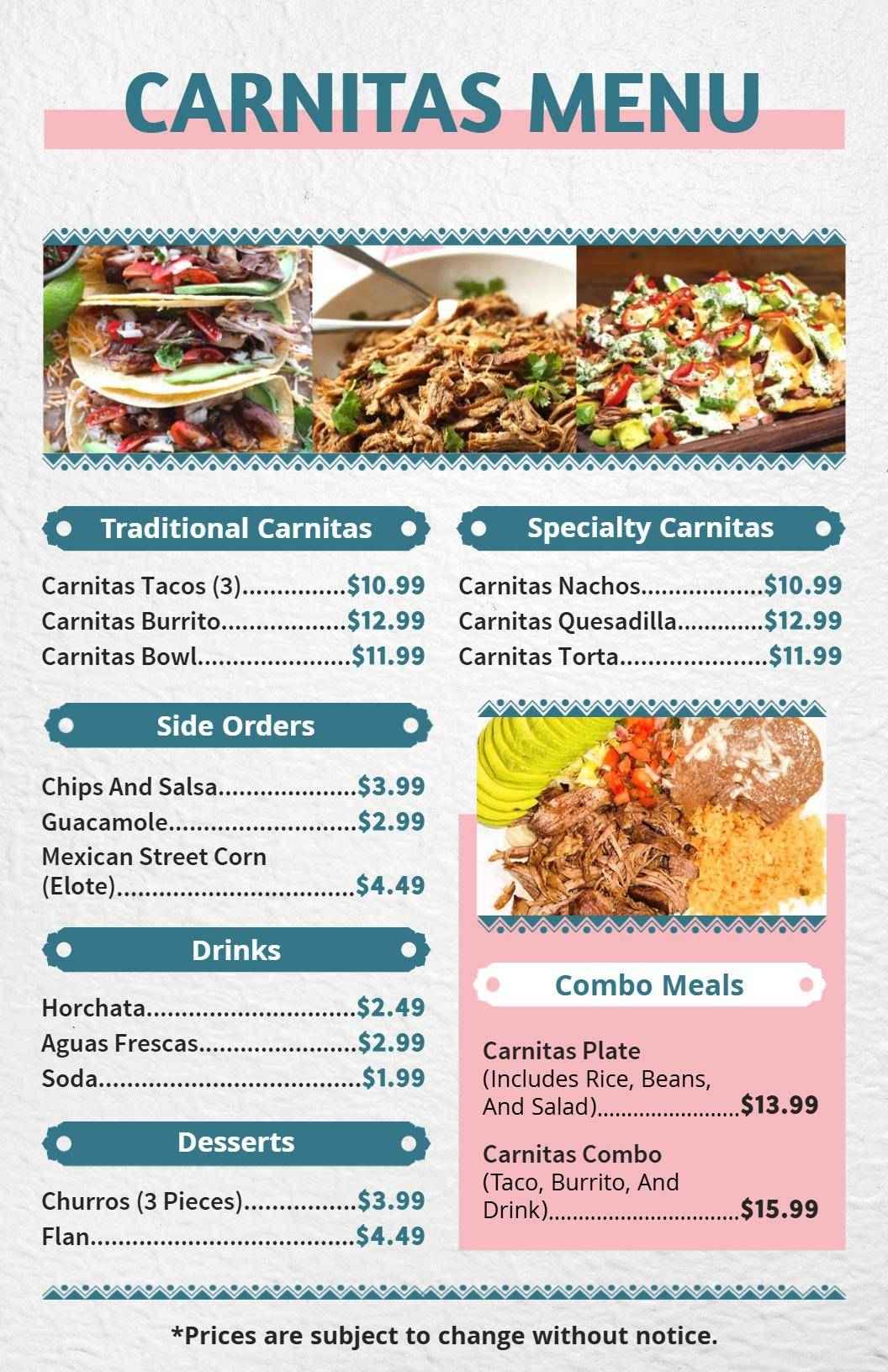 Authentic Flavorful Carnitas Combo and Drinks Menu Template