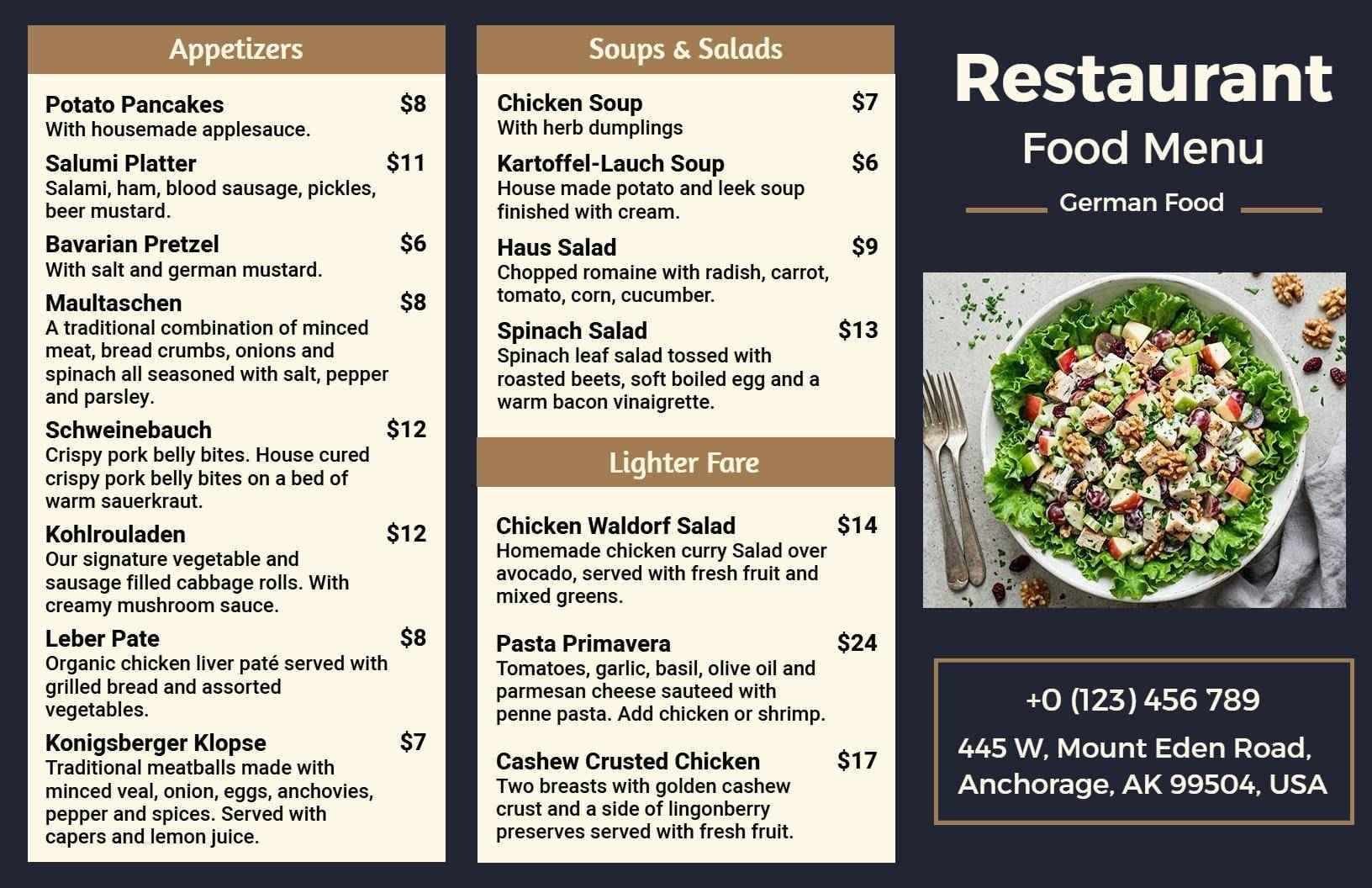 Authentic German Entrees and Delicious Appetizers Tri Fold Menu Template