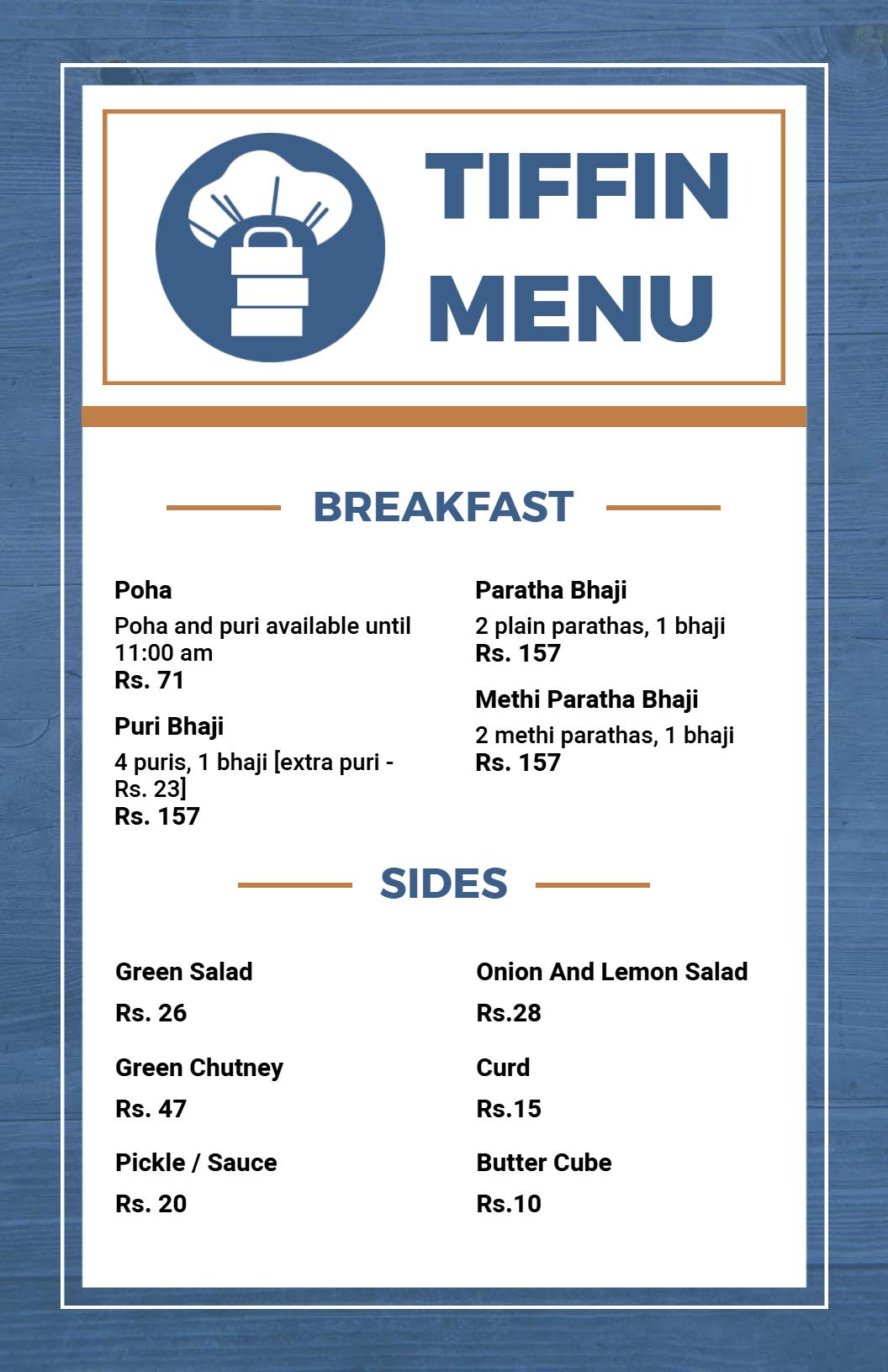 Authentic Indian Flavor Blue and Brown Tiffin Menu Template