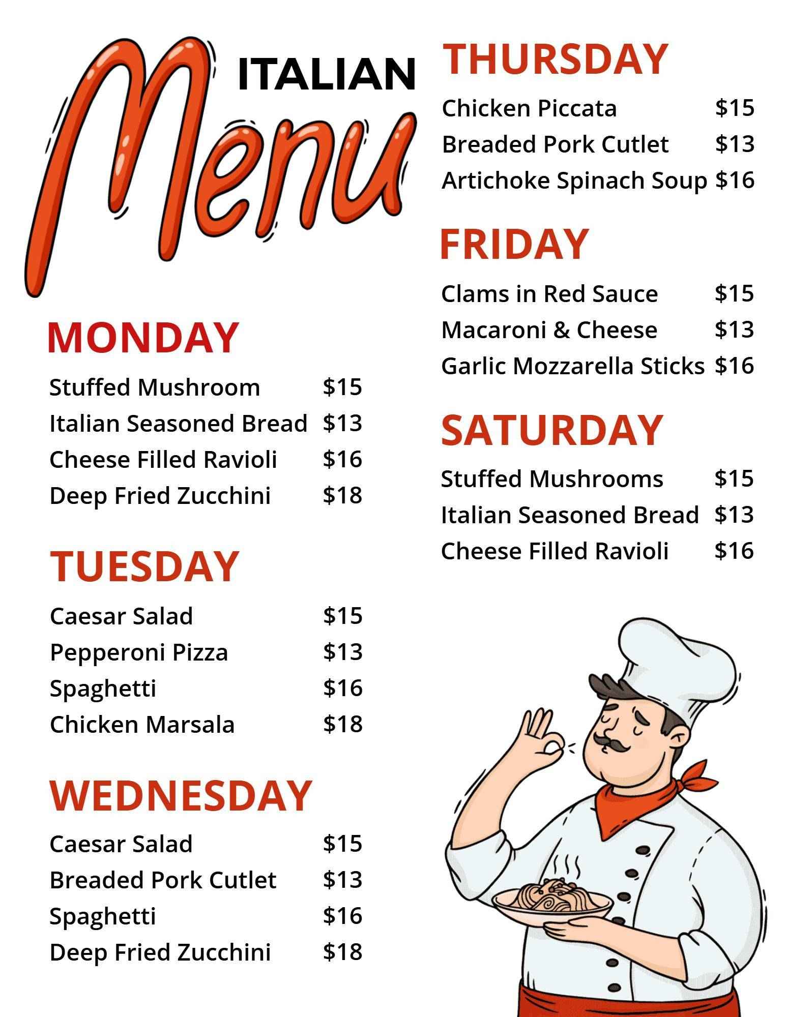 Authentic Italian Dishes Weekly Menu Template