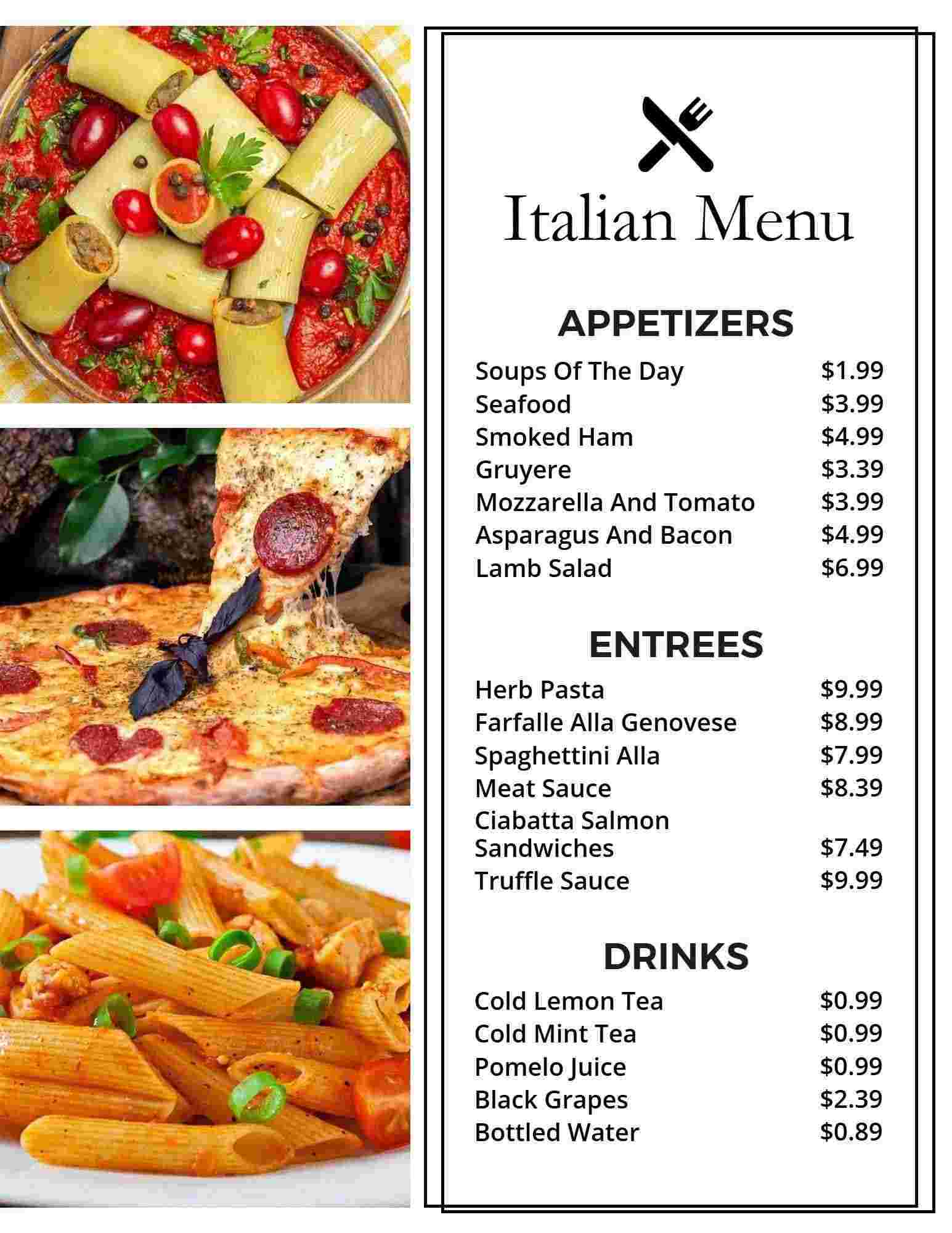 Authentic Italian Flavors with Entrees and Cold Drinks Menu Template