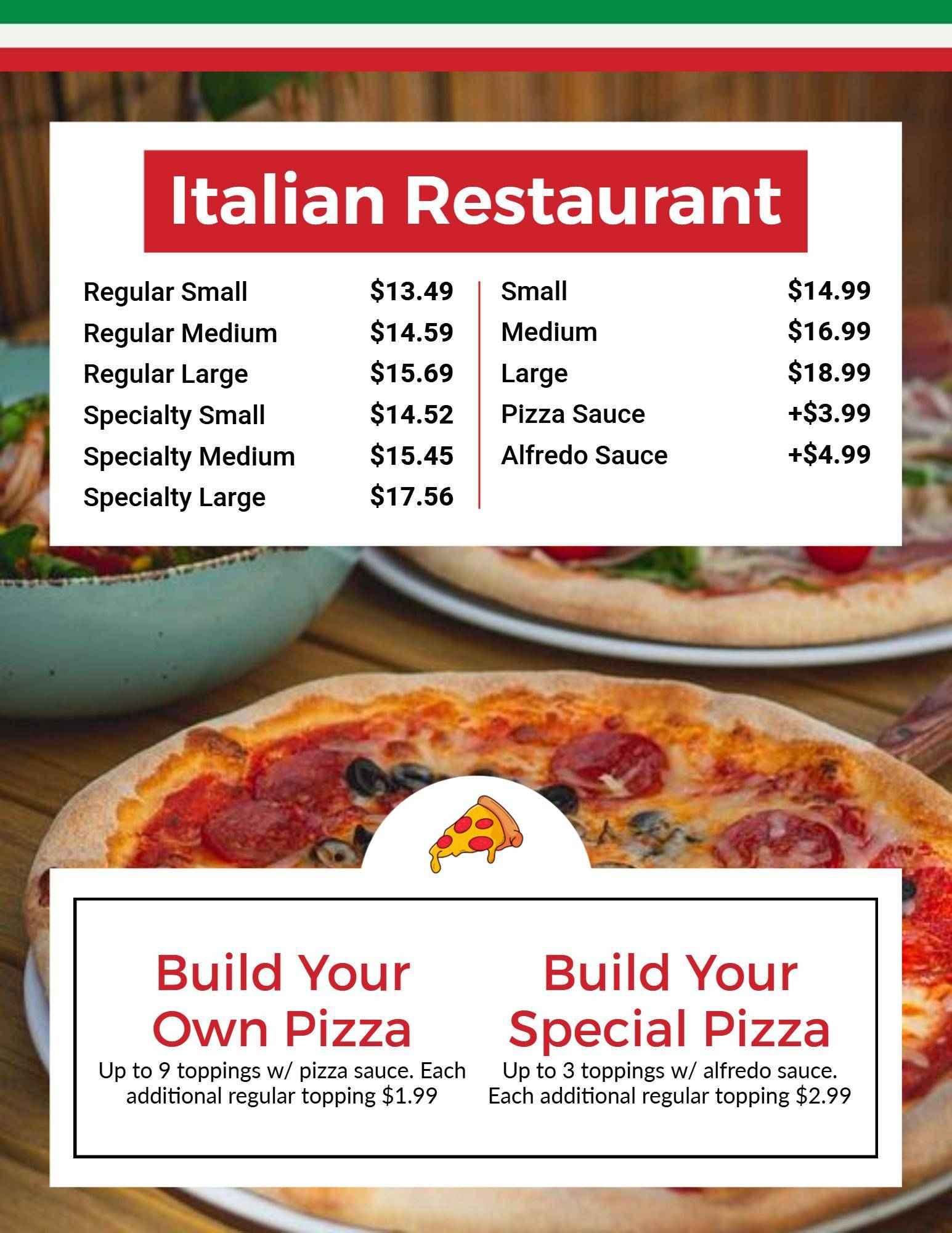 Authentic Italian Restaurant Pizza Offerings Menu Template