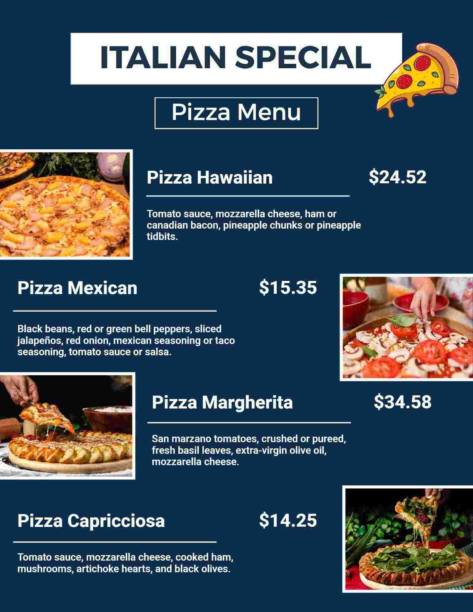 Authentic Italian Special Pizza Varieties with Classic Toppings Menu Template