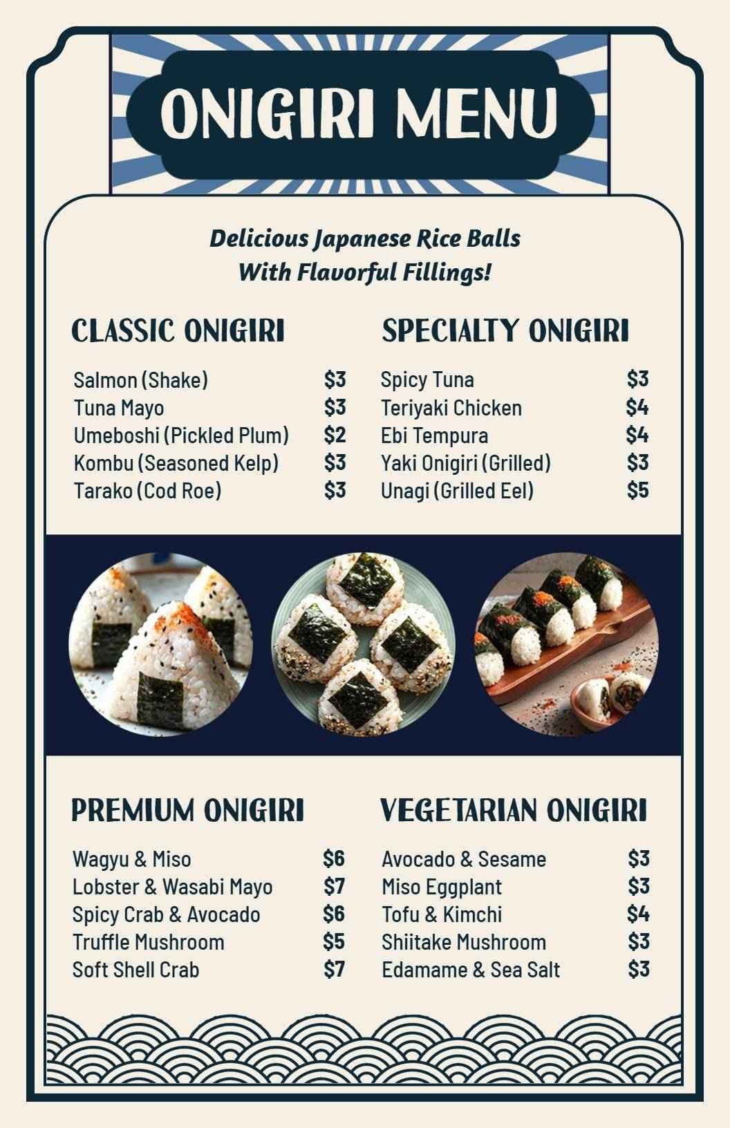 Authentic Japanese Rice Balls with Varied Fillings Japanese Cuisine Menu Template