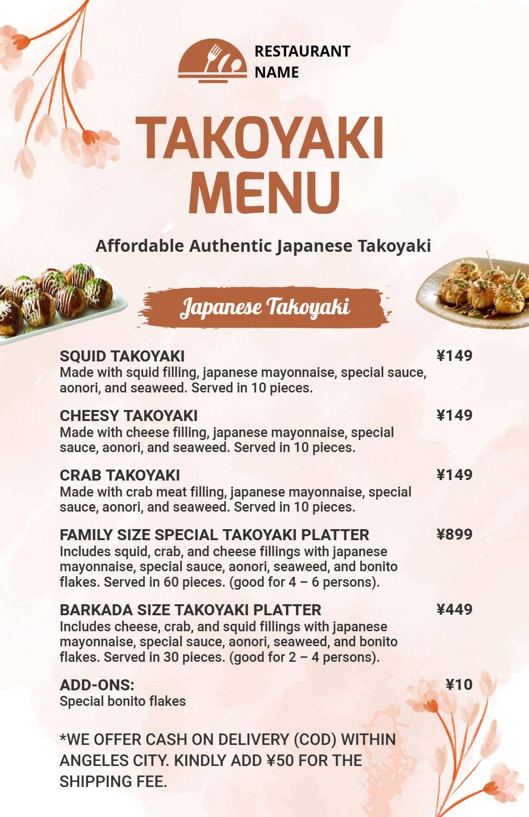 Authentic Japanese Takoyaki Menu Template