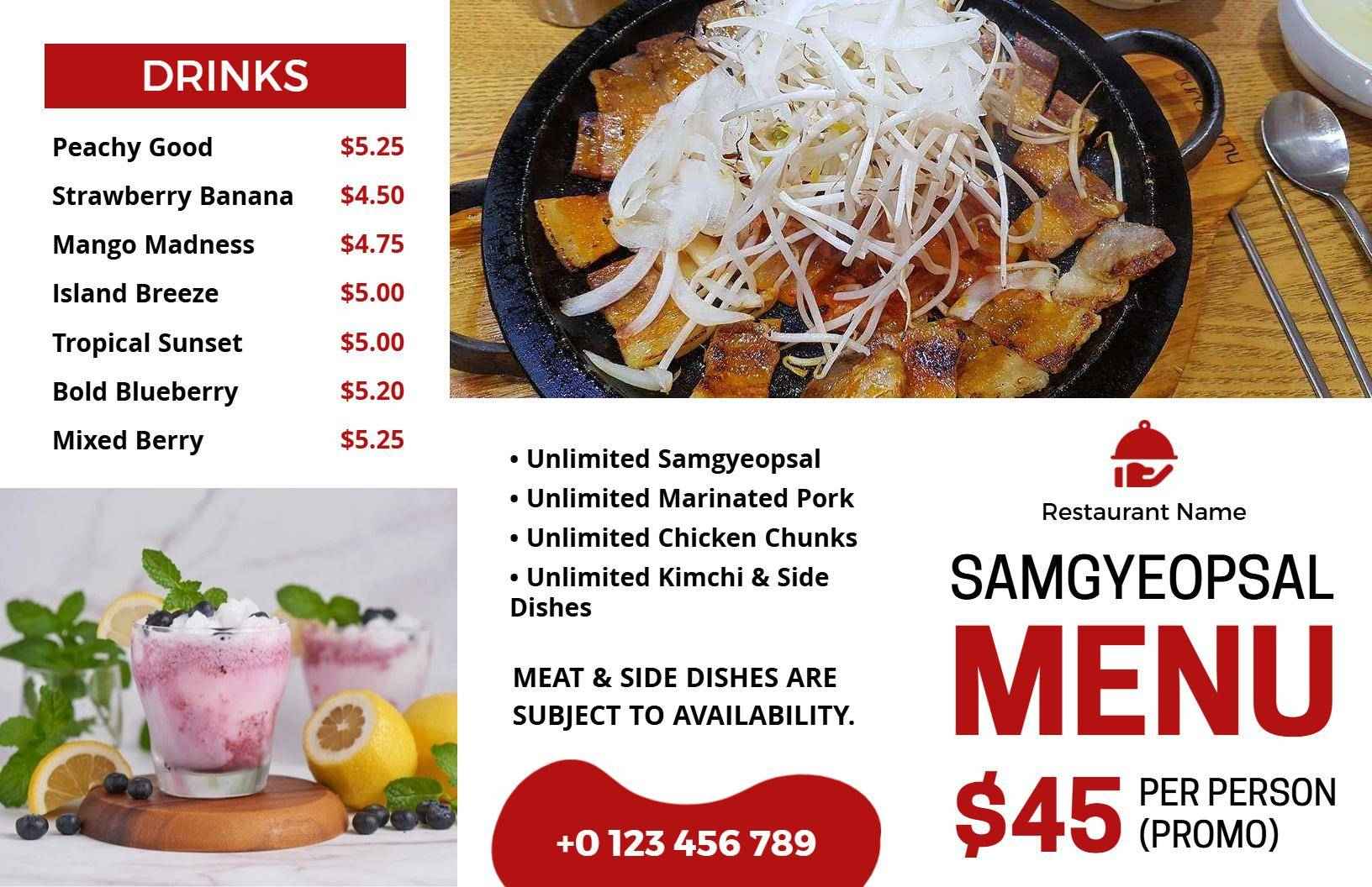 Authentic Korean BBQ Samgyeopsal with Unlimited Sides Menu Template