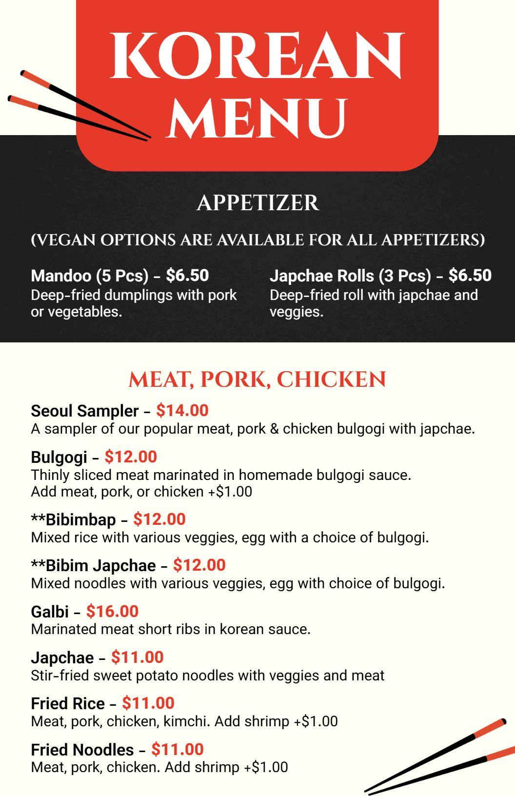 Authentic Korean Dishes Featuring Bulgogi and Bibimbap Menu Template