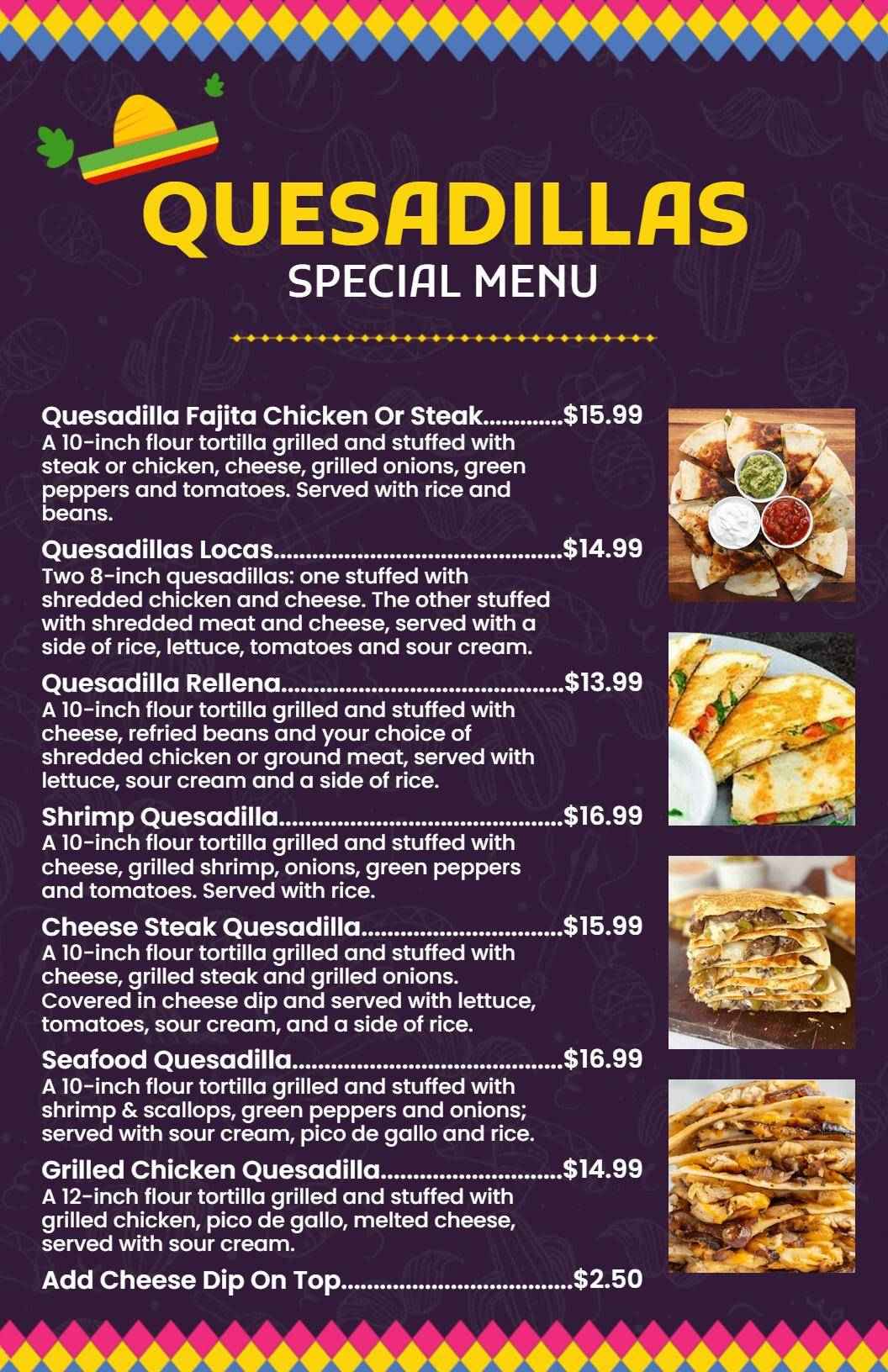 Authentic Mexican Cuisine Quesadilla Menu Template