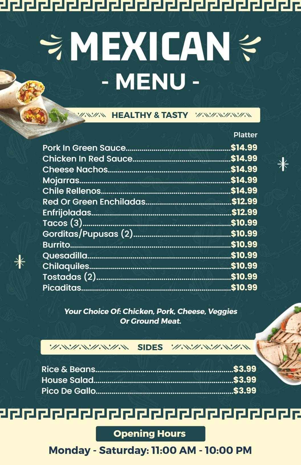 Authentic Mexican Dishes Featuring Enchiladas and Tacos Menu Template