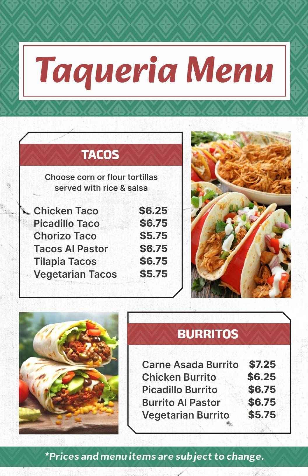 Authentic Mexican Tacos and Burritos with Salsa Taqueria Menu Template
