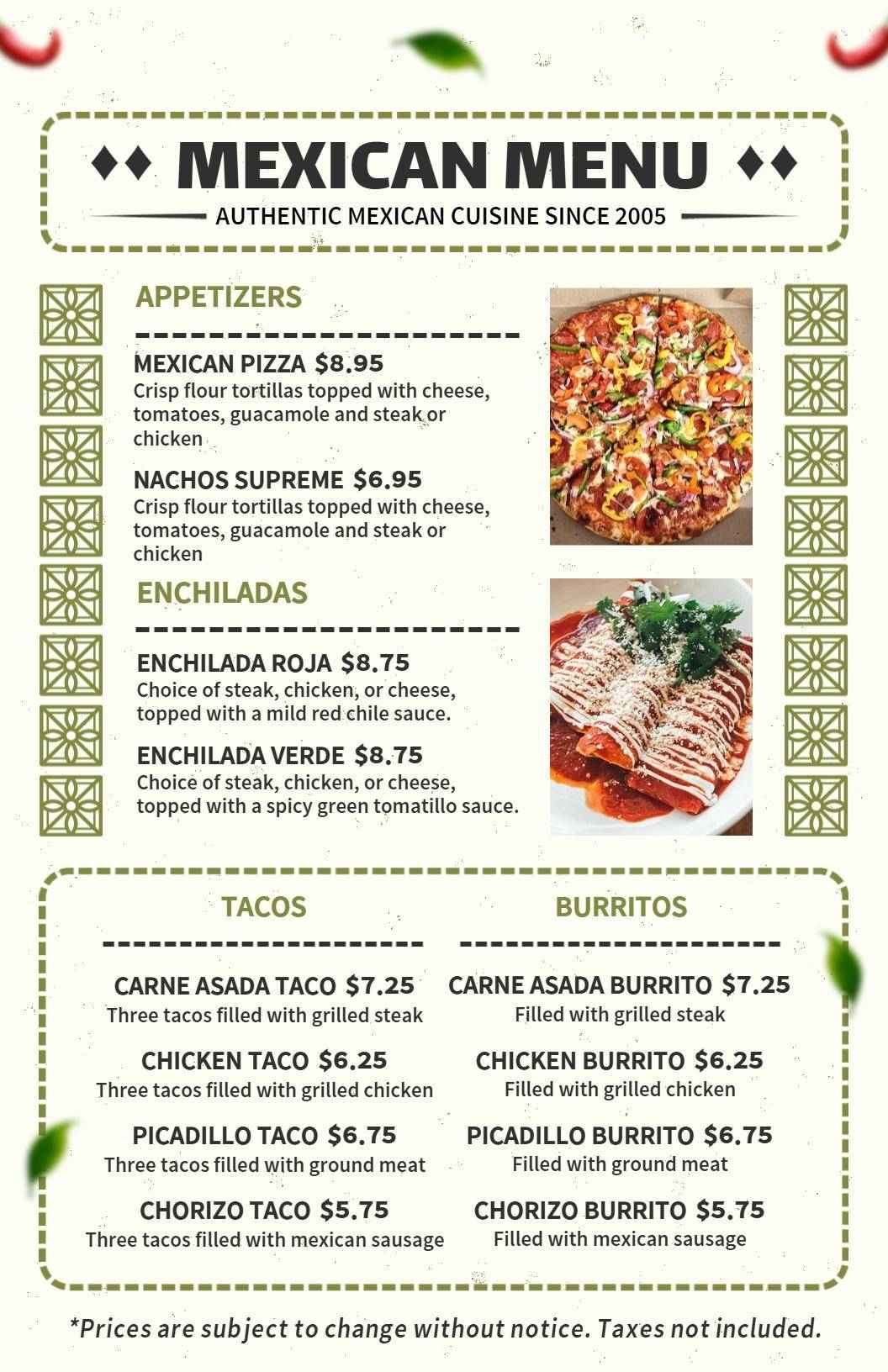 Authentic Mexican Theme with Tacos and Burritos Menu Template