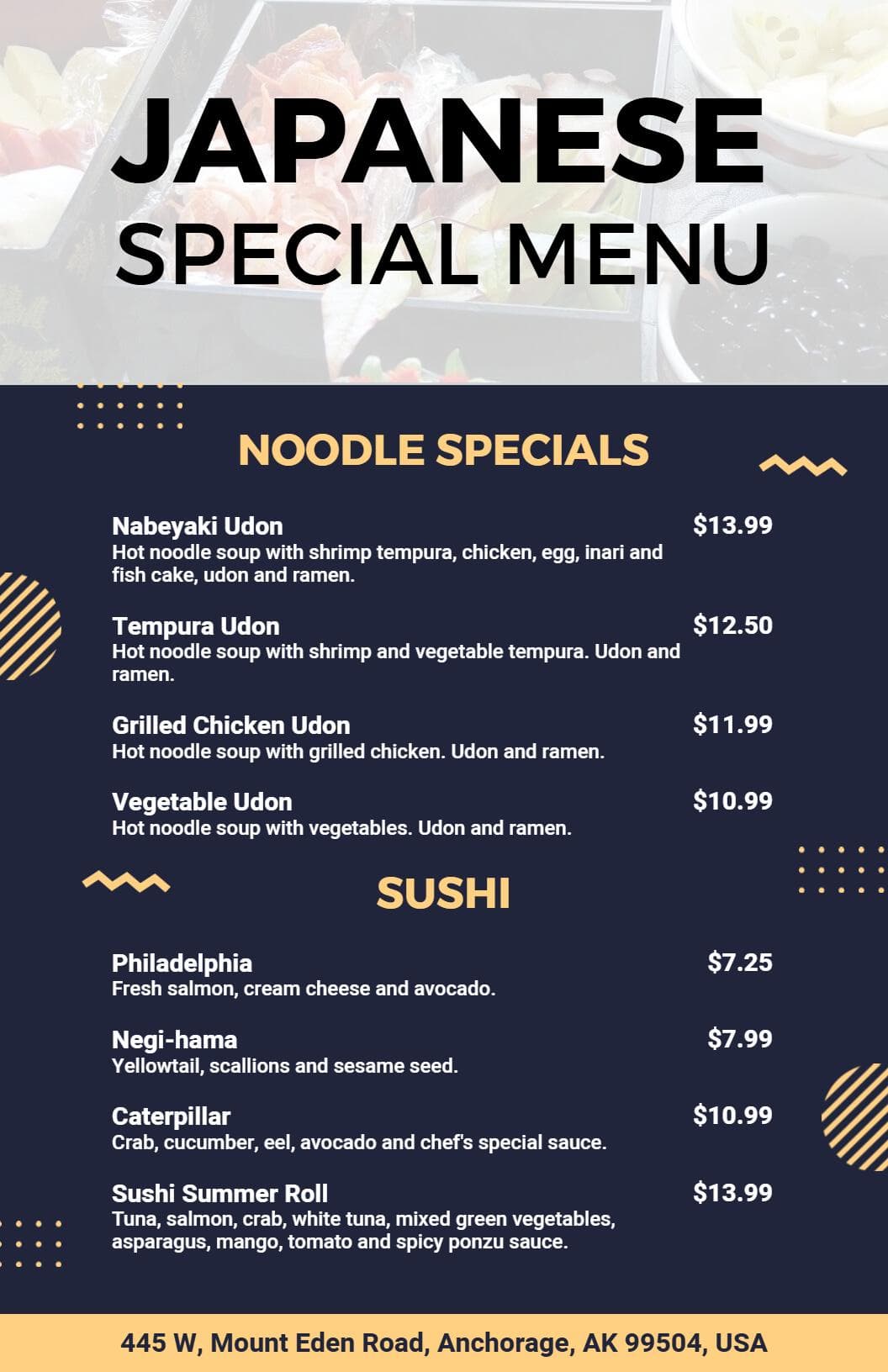Authentic Noodle and Sushi Selection Featuring Fresh Flavors Japanese Cuisine Menu Template