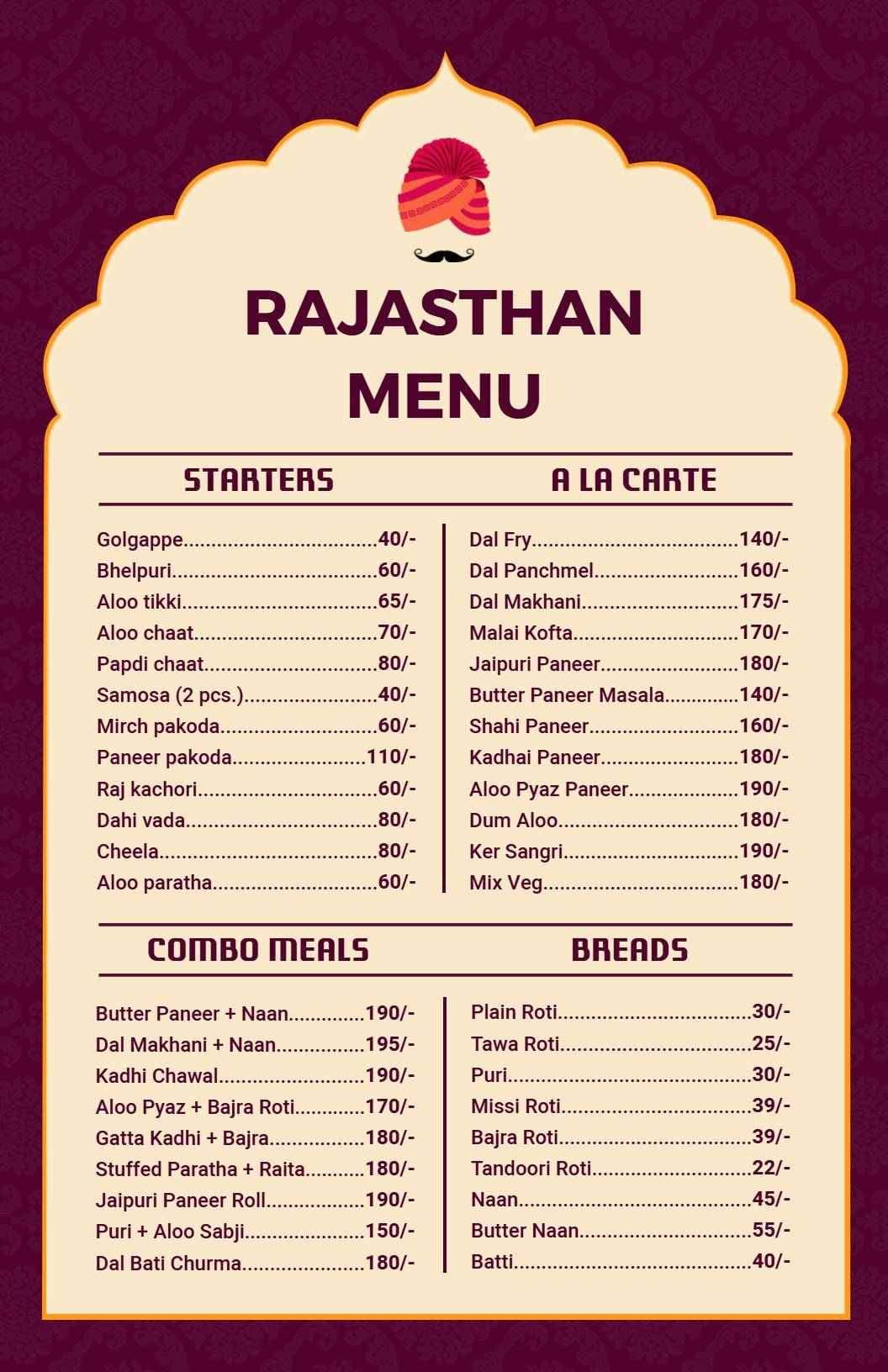Authentic Rajasthani Flavors and Spicy Starters Indian Cuisine Menu Template