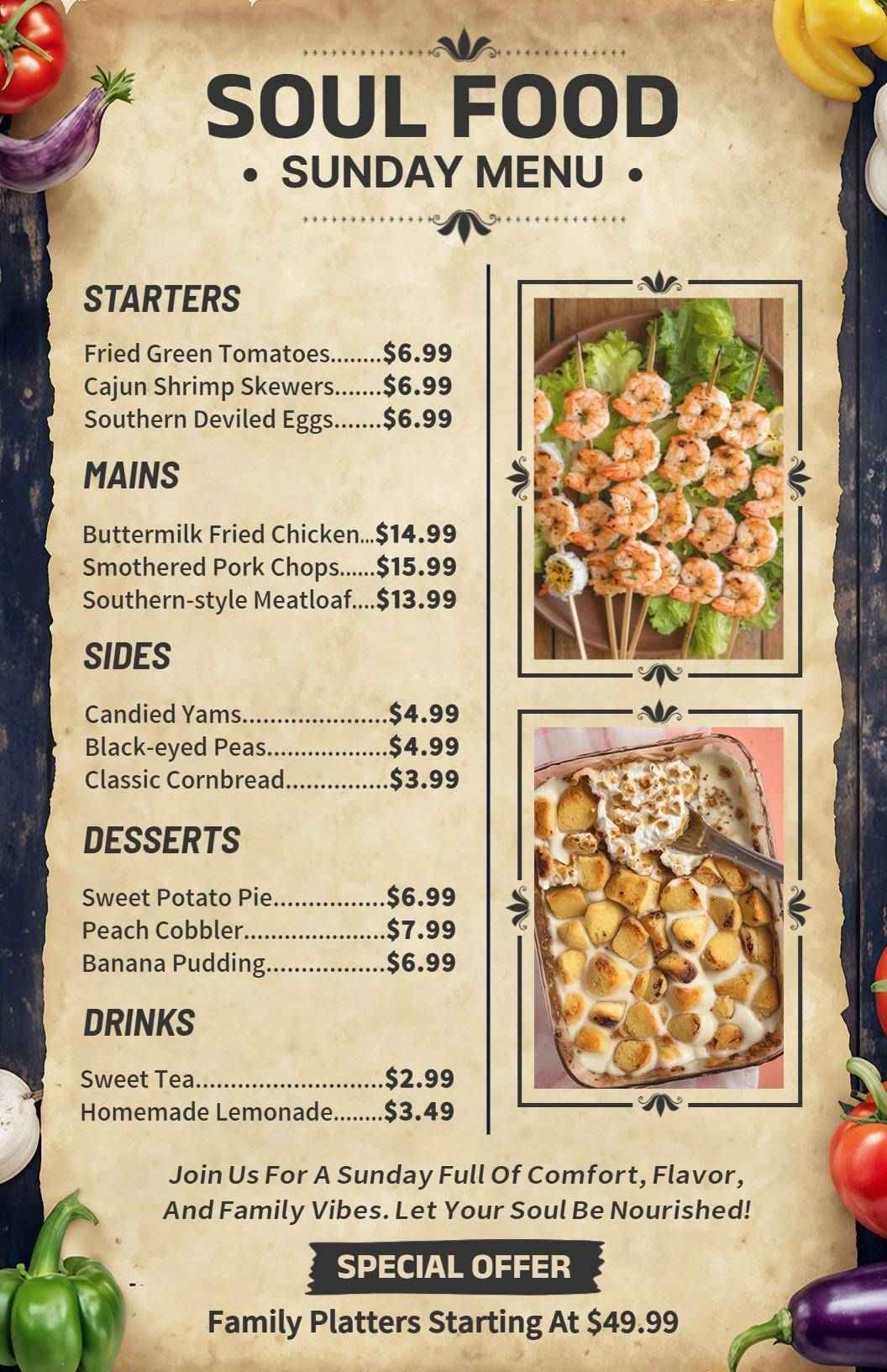 Authentic Southern Cuisine and Delightful Drinks Soul Food Menu Template