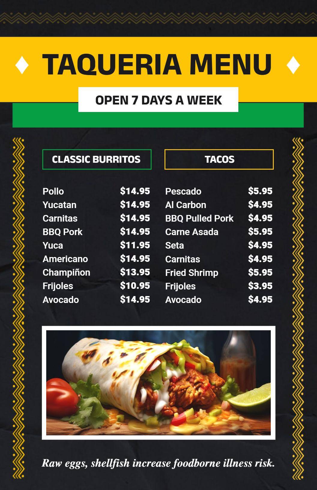 Authentic Taco Varieties and Burrito Options Taqueria Menu Template