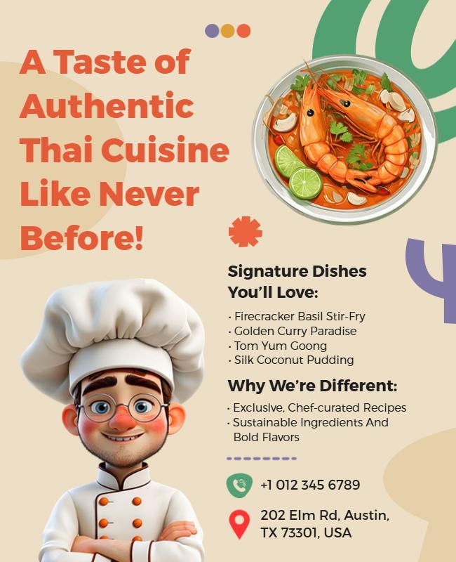 Vibrant Thai Cuisine Promotion with Chef Character Flyer Template