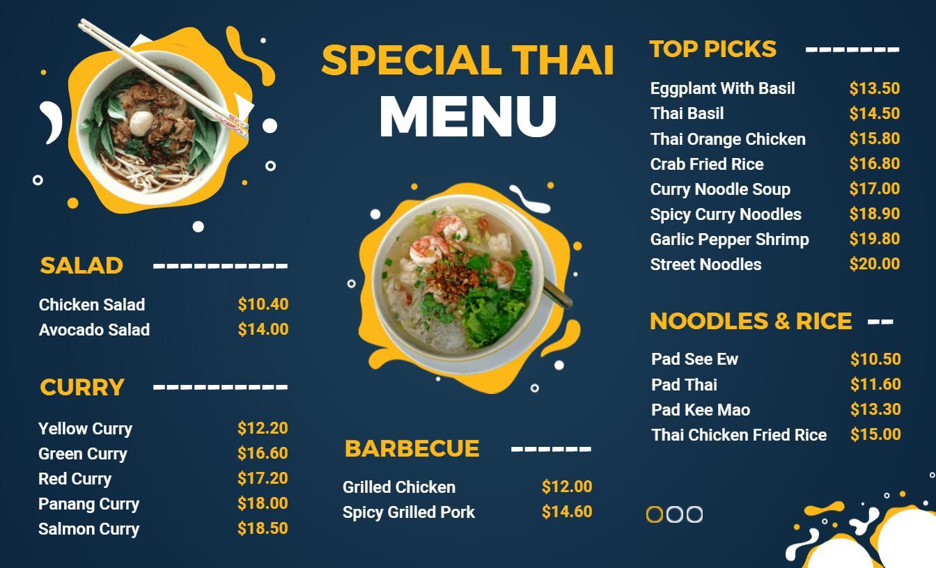 Authentic Thai Dishes Featuring Curries and Barbecue Special Menu Template