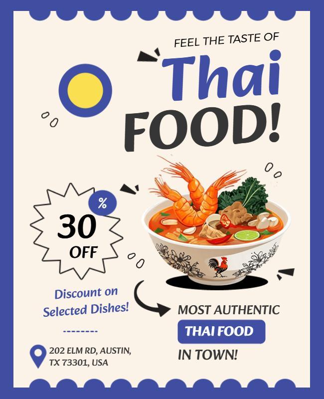 Vibrant Blue Thai Food Discount Promotion Flyer Template