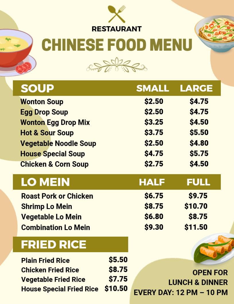 Authentic Wonton and Lo Mein Dishes Featuring Specialties Chinese Menu Template