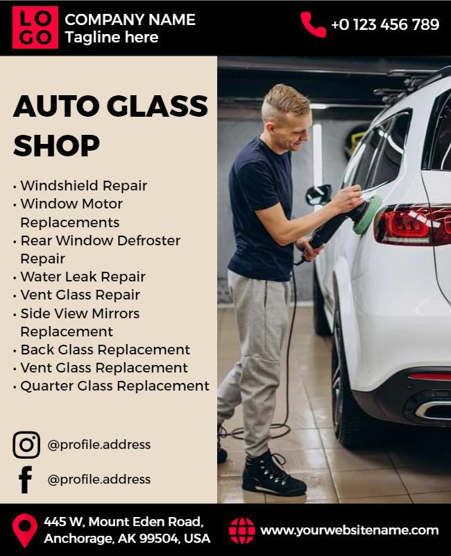 Professional Black Auto Glass Repair Shop Services Flyer Template