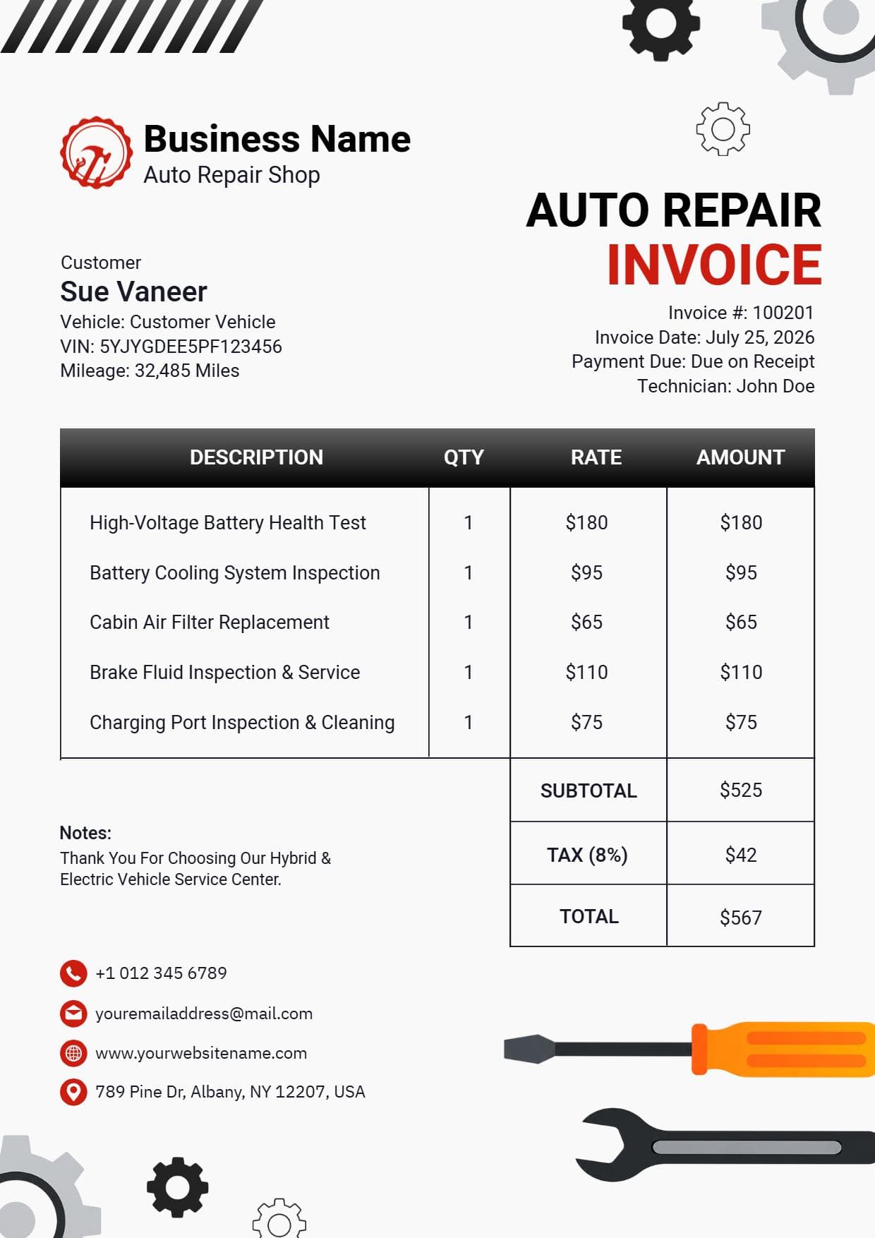 Auto Repair Service and Parts Invoice Template